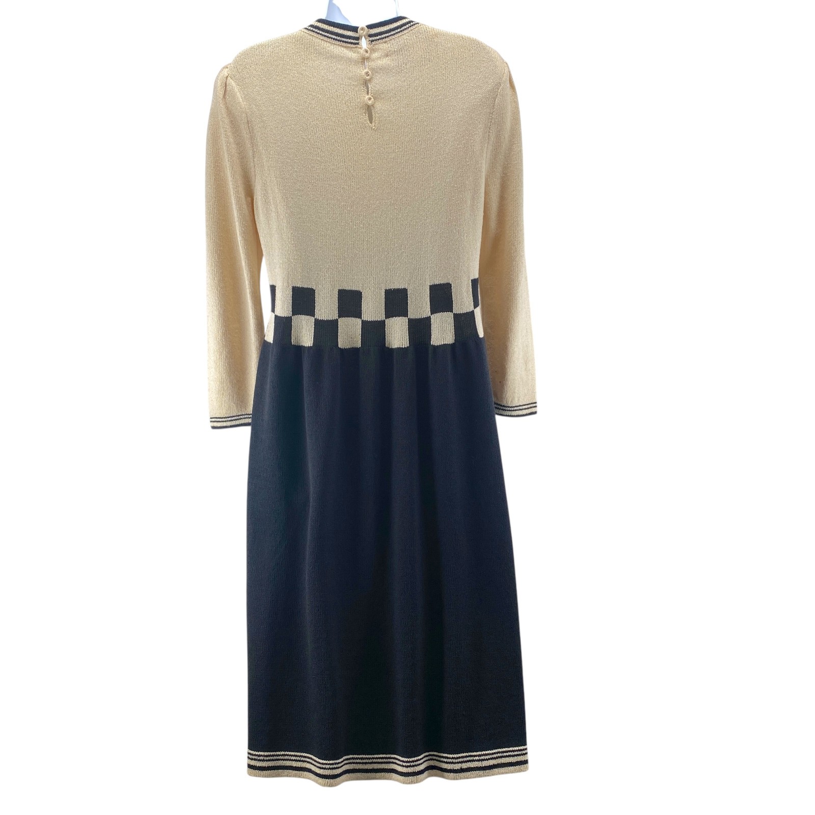 Vintage Peter Lynne Dress Large Black Ivory Wool Santana Knit Checkerboard Midi
