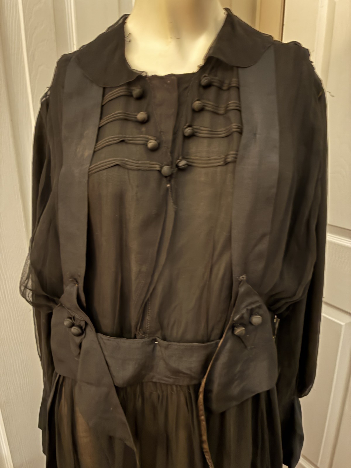 Antique Edwardian Black Cotton Sateen Mourning Dress Covered Buttons Lined
