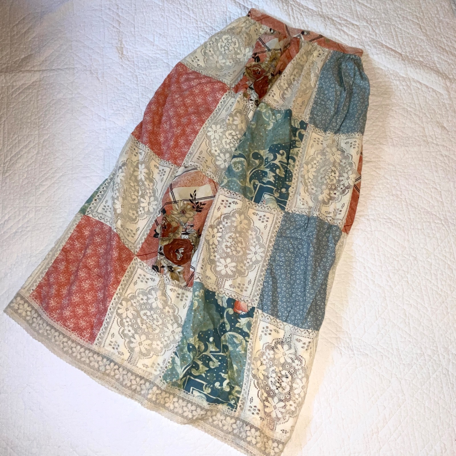 Vintage Womens Skirt size S 6 ? vintage 70s cotton patchwork long peach blue