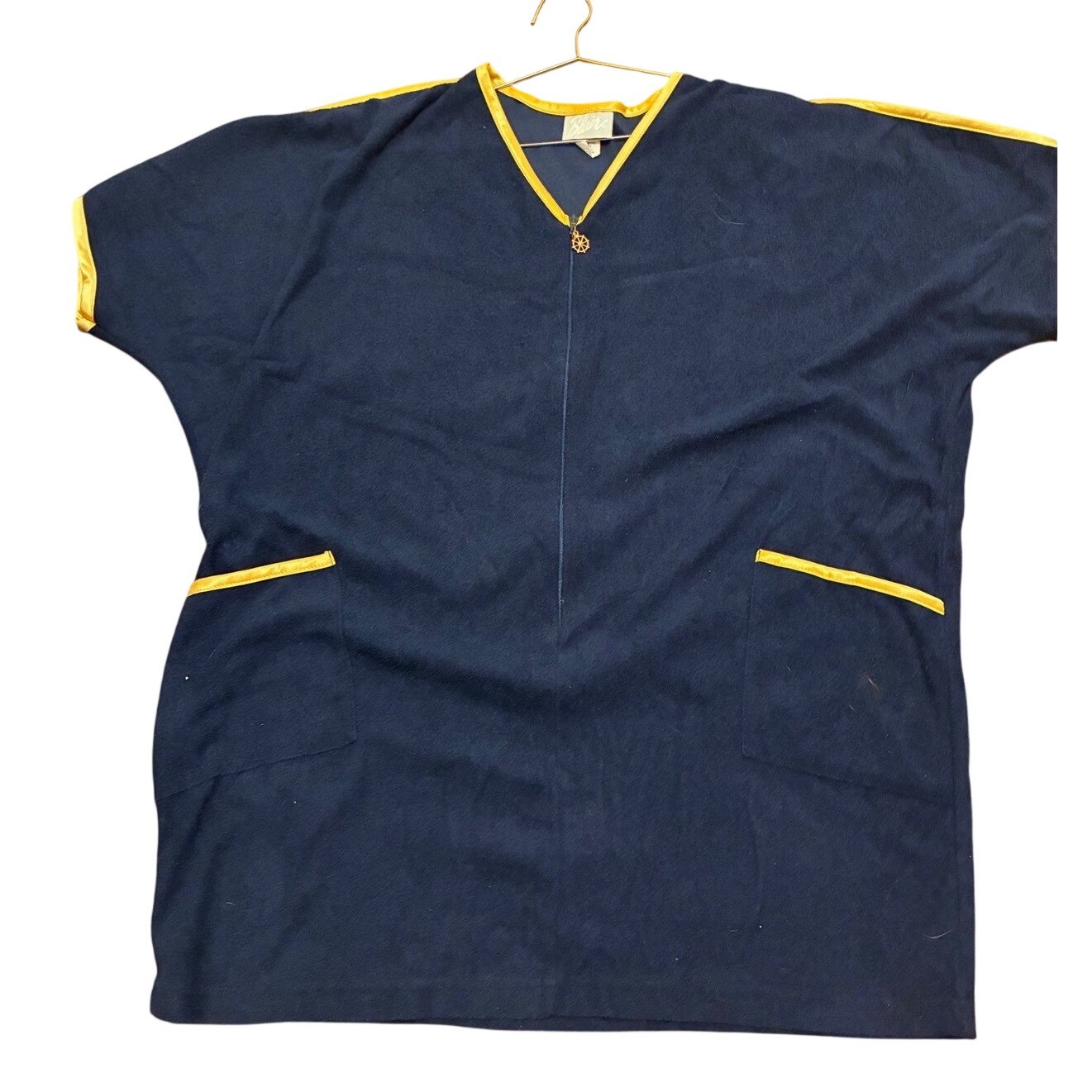 Vintage Blair Navy Blue Velour Terry Cloth House Dress Nautical Ship Wheel Charm