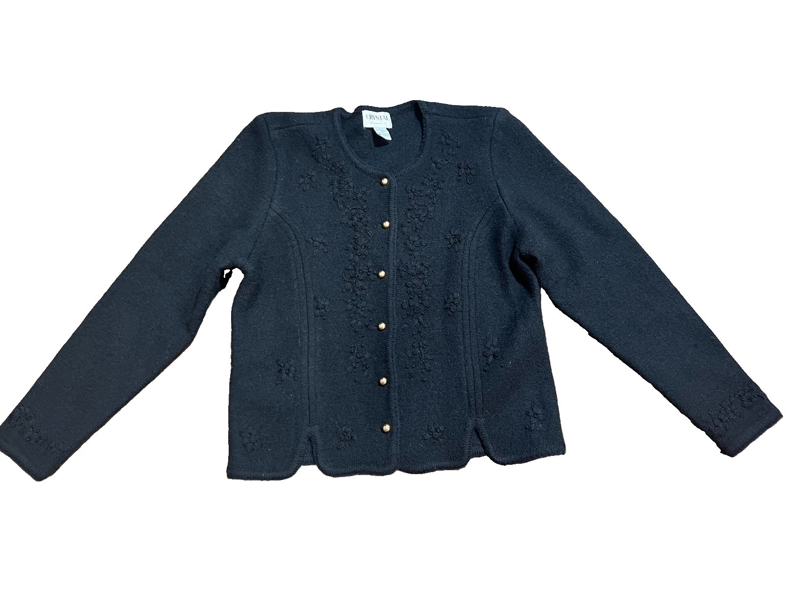 VINTAGE CRYSTAL SPORTSWEAR BLACK 100% BOILED WOOL BUTTON DOWN CARDIGAN LG