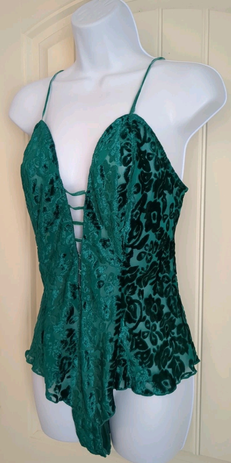 Vtg Victorias Secret Teddy Flutter Leg Green Velvet Burnout Gold Label Small