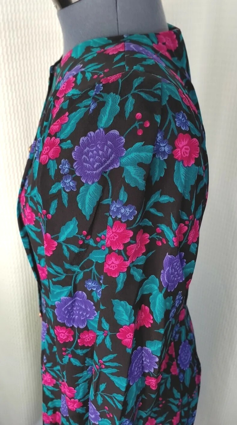 Vintage Andrew Harvey Fitted Black Dress with Pink/Purple/Teal Florals Size 8