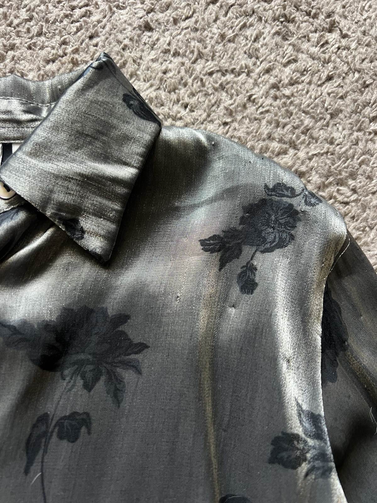 Vintage Y2K 90s Metallic Shirt Small Silver Floral Long Sleeve Button Dark Fairy