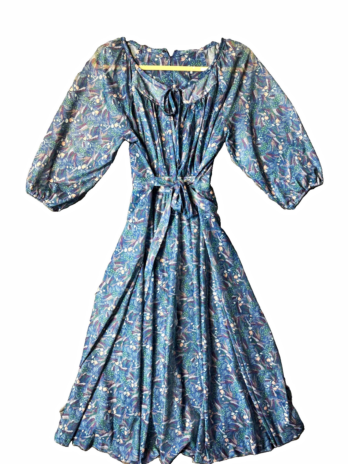1940s New Orleans Style Blue Floral Tie-Waist Midi Dress
