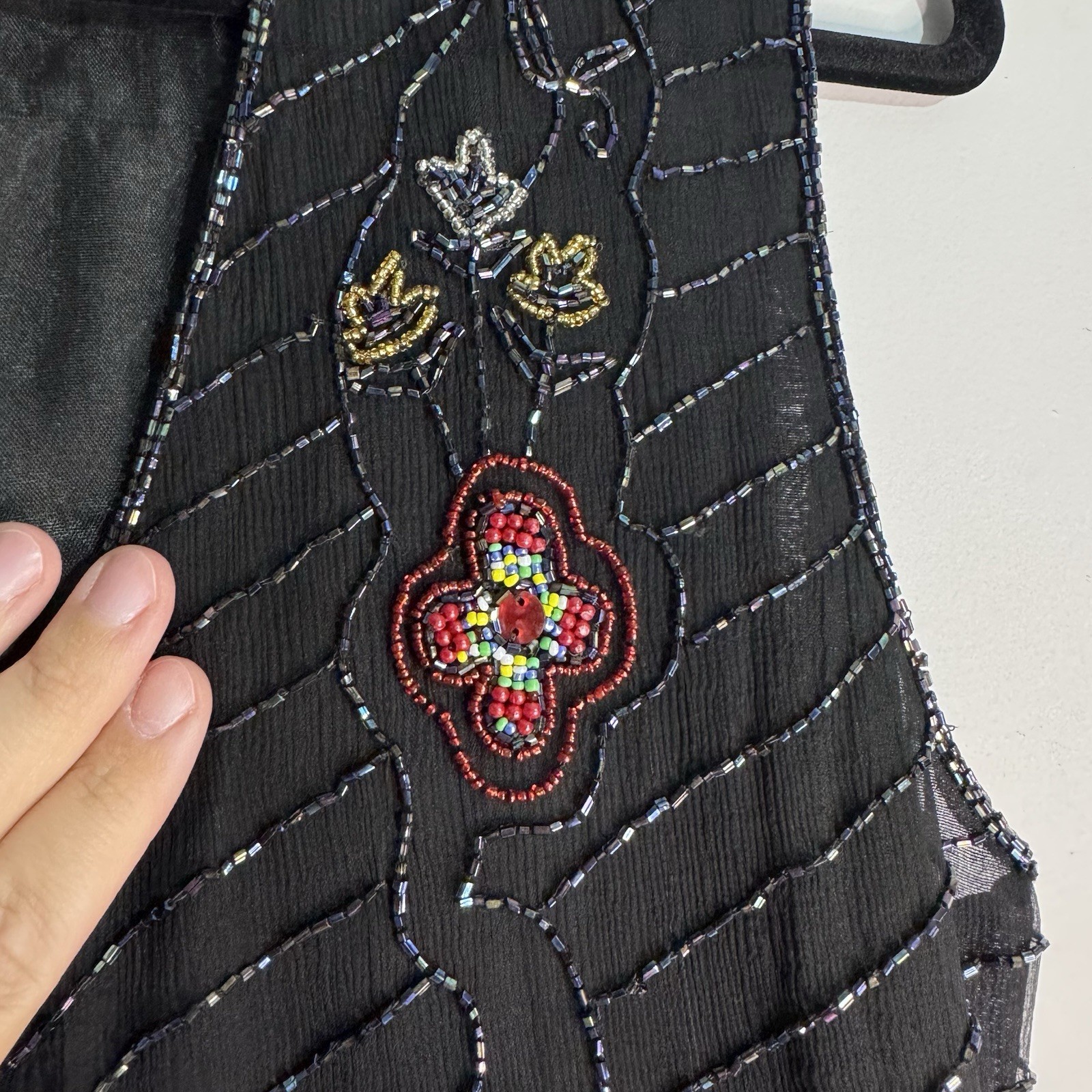 Vintage Your Destiny Beaded Silk Feel Black Floral Vest Boho Artsy Medium