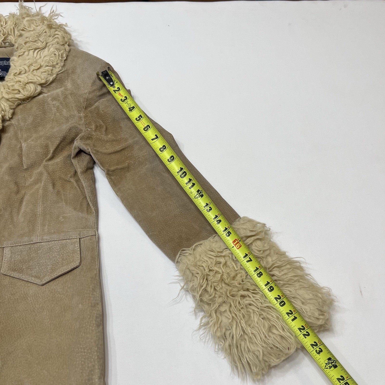 Vintage Blue Asphalt Penny Lane Coat Tan Suede Leather Faux Fur Trim size Small