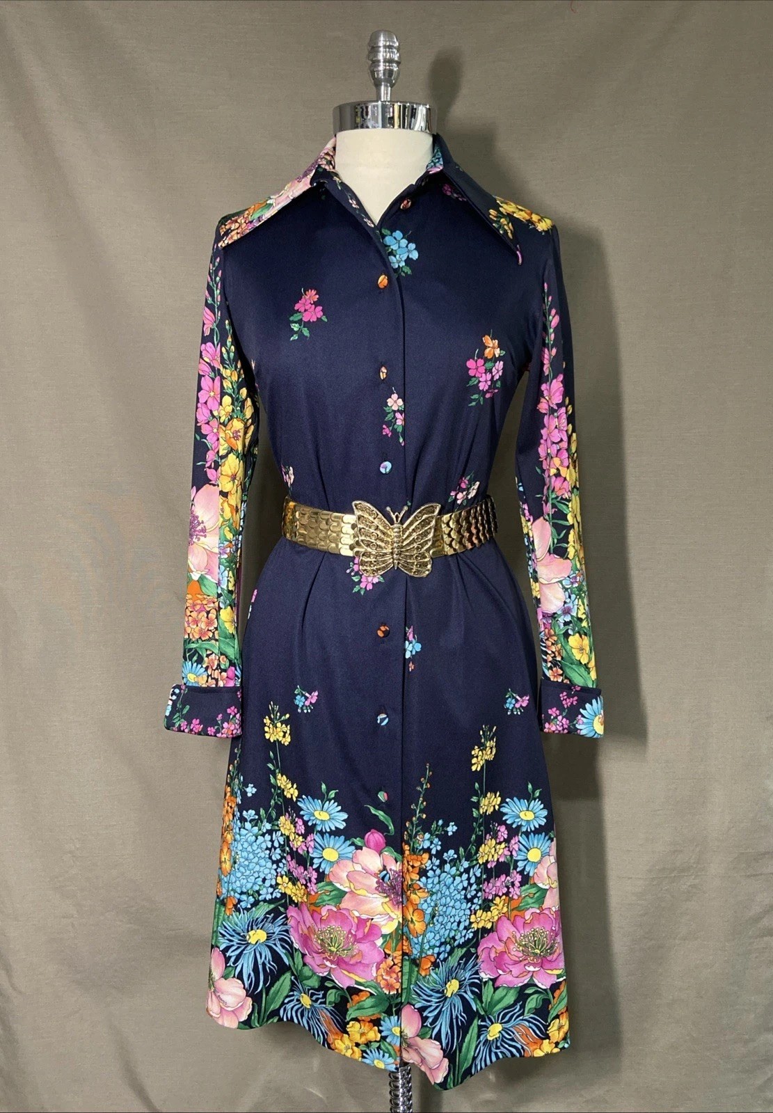 Vintage 1970s Arémis Italian Floral Long Sleeve Shirt Dress Size M/L 8-10