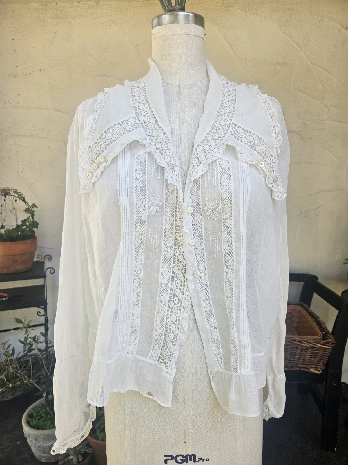 Antique 1900s Edwardian Cotton And Lace Button Up Blouse Delicate Pintucking…