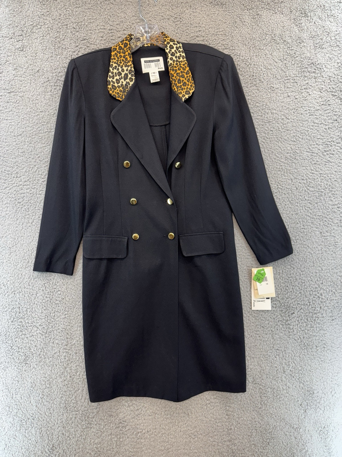 VTG Lois Snyder Dani Max Woman’s Dress Black Leopard Collar Golden Buttons Sz 10