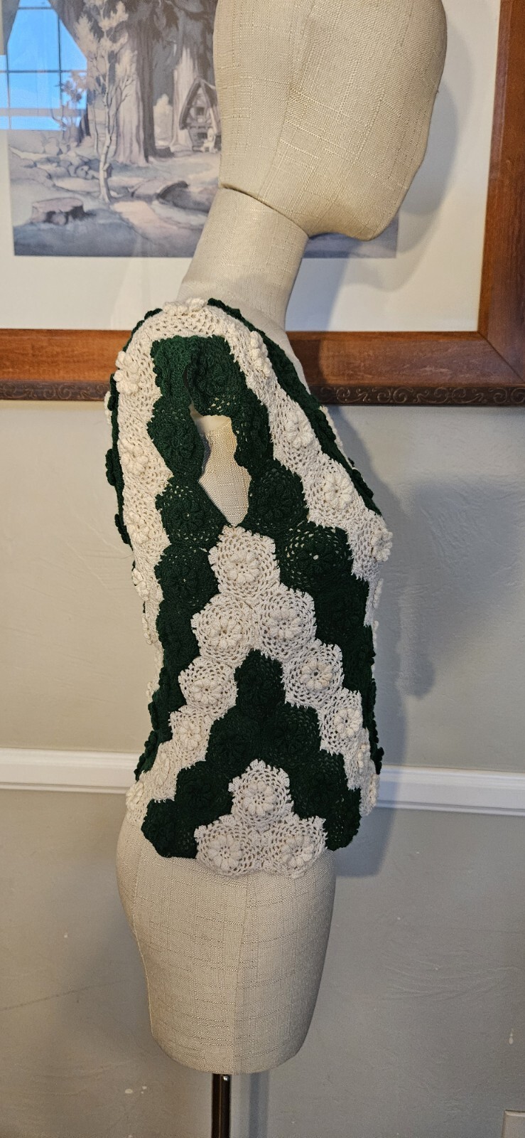Vintage Green And Cream Handmade Crochet Top As Pictured