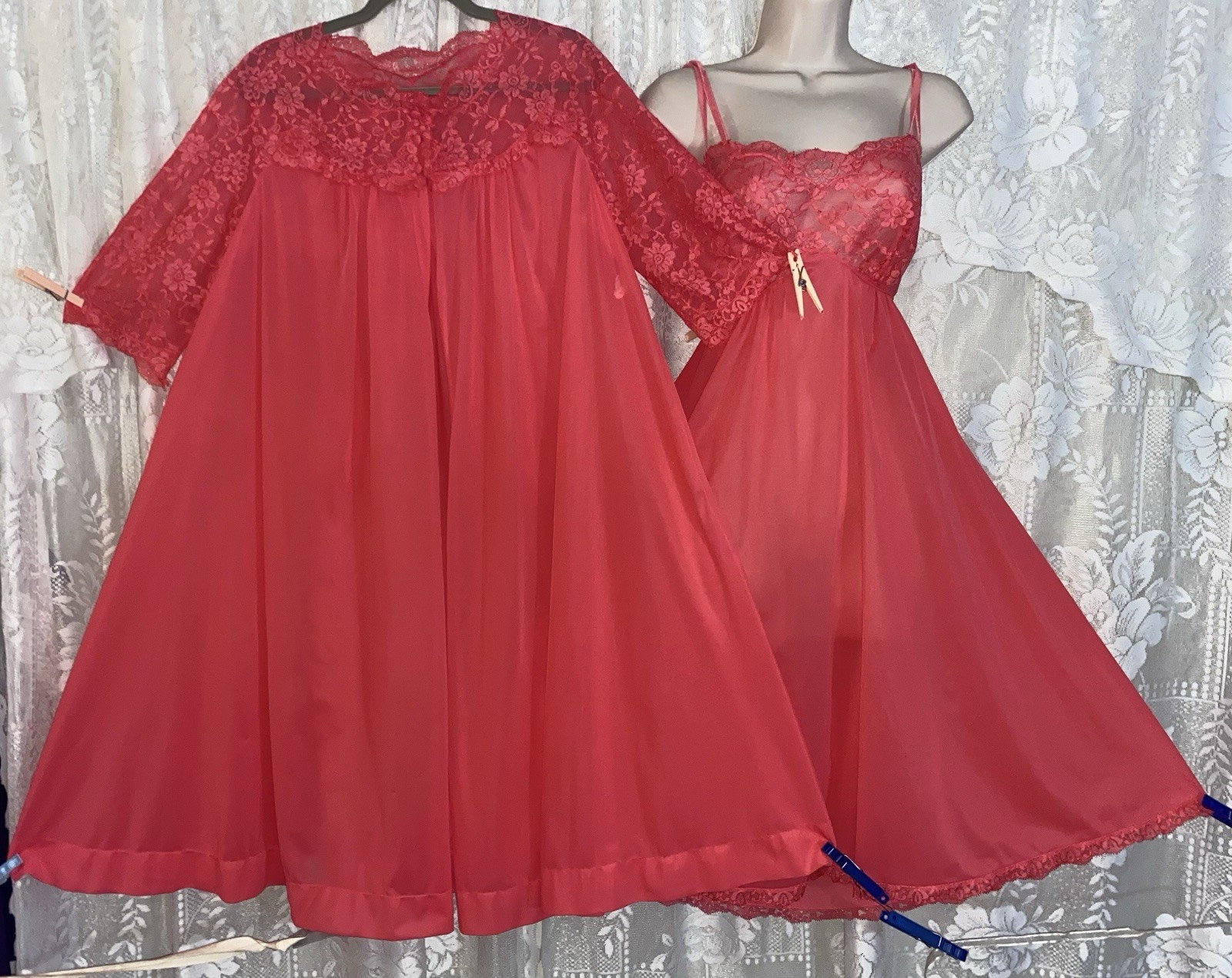 VTG Gossard Artemis 36 M Deep Rich CORAL Peignoir Robe Nightgown Gown w Lace Set