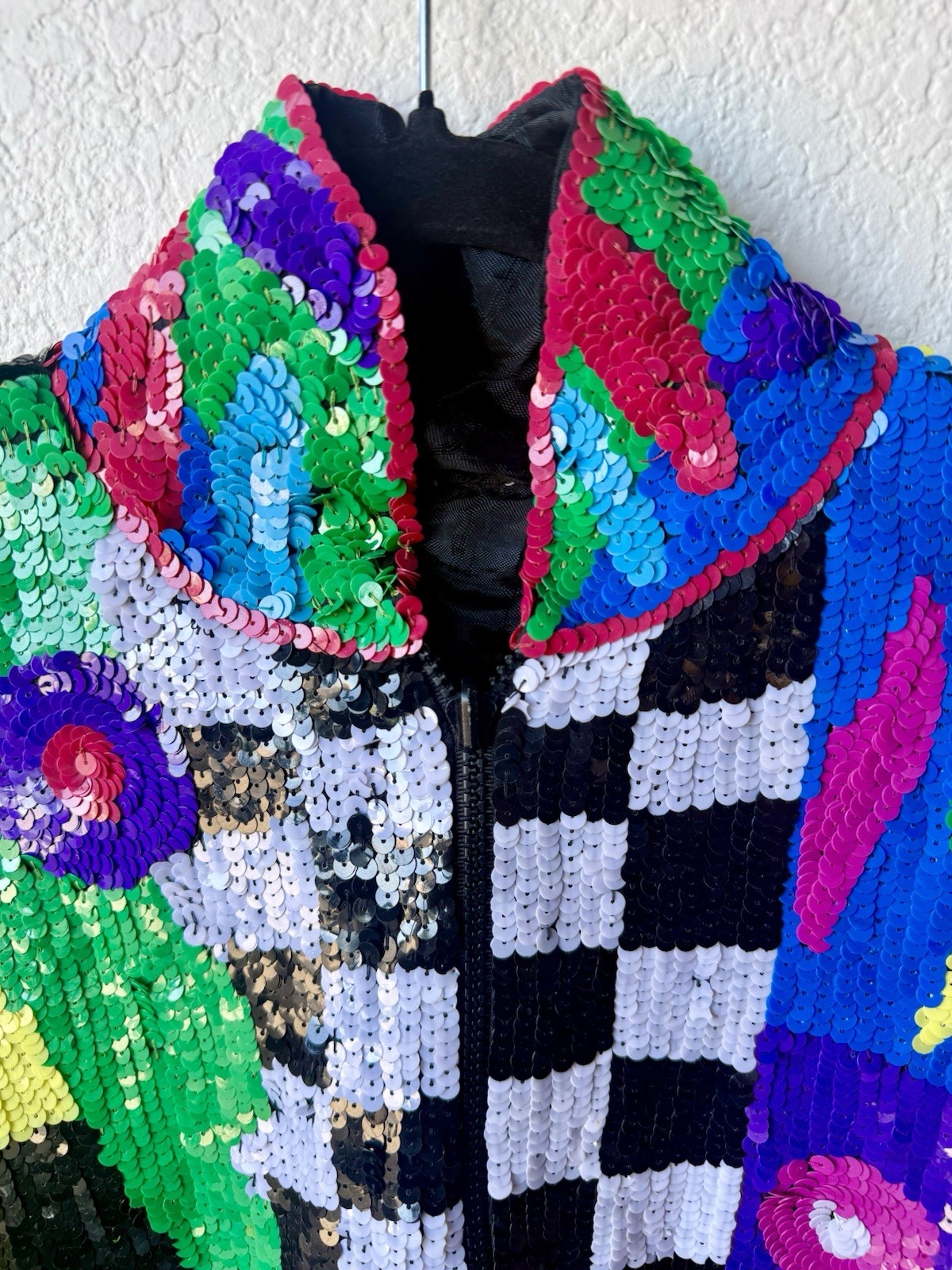 Vintage 80s Sequin Beaded Colorblock Art Deco Zip Jacket Statement Coat Glam XL