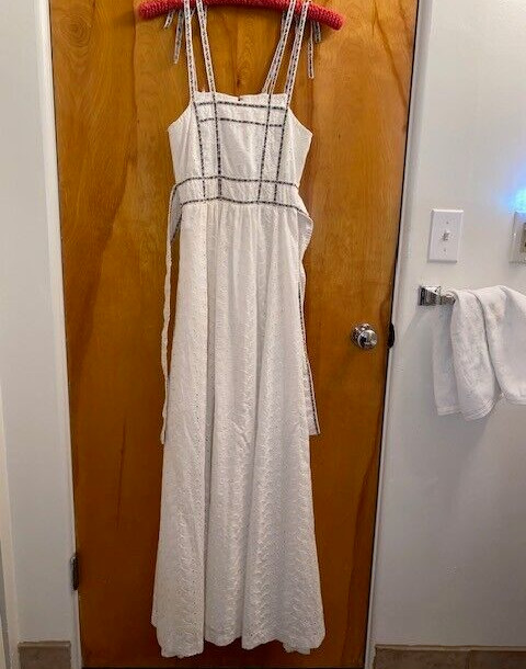 Vintage 70s PHASE II California White Eyelet Prairie Boho Hippie Maxi Dress XS