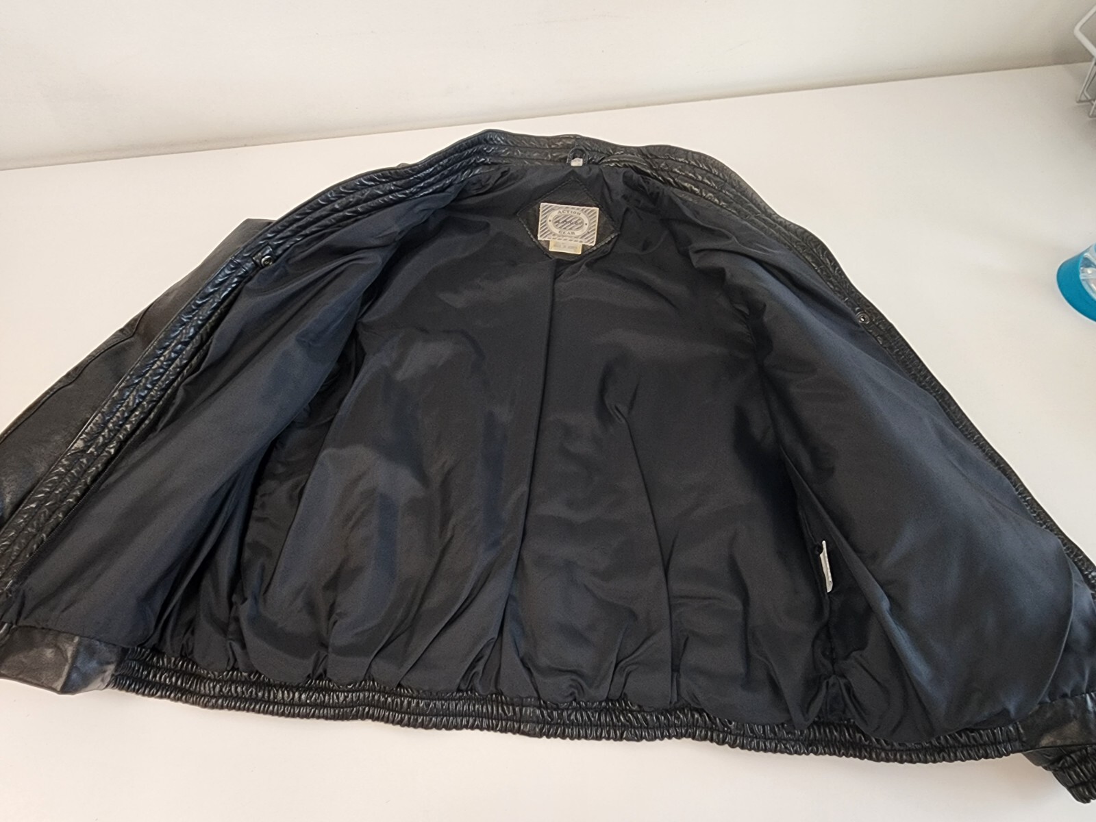 Vintage Womens Black Leather Jacket Bomber Full Zip Elastic Waist Size 13/14
