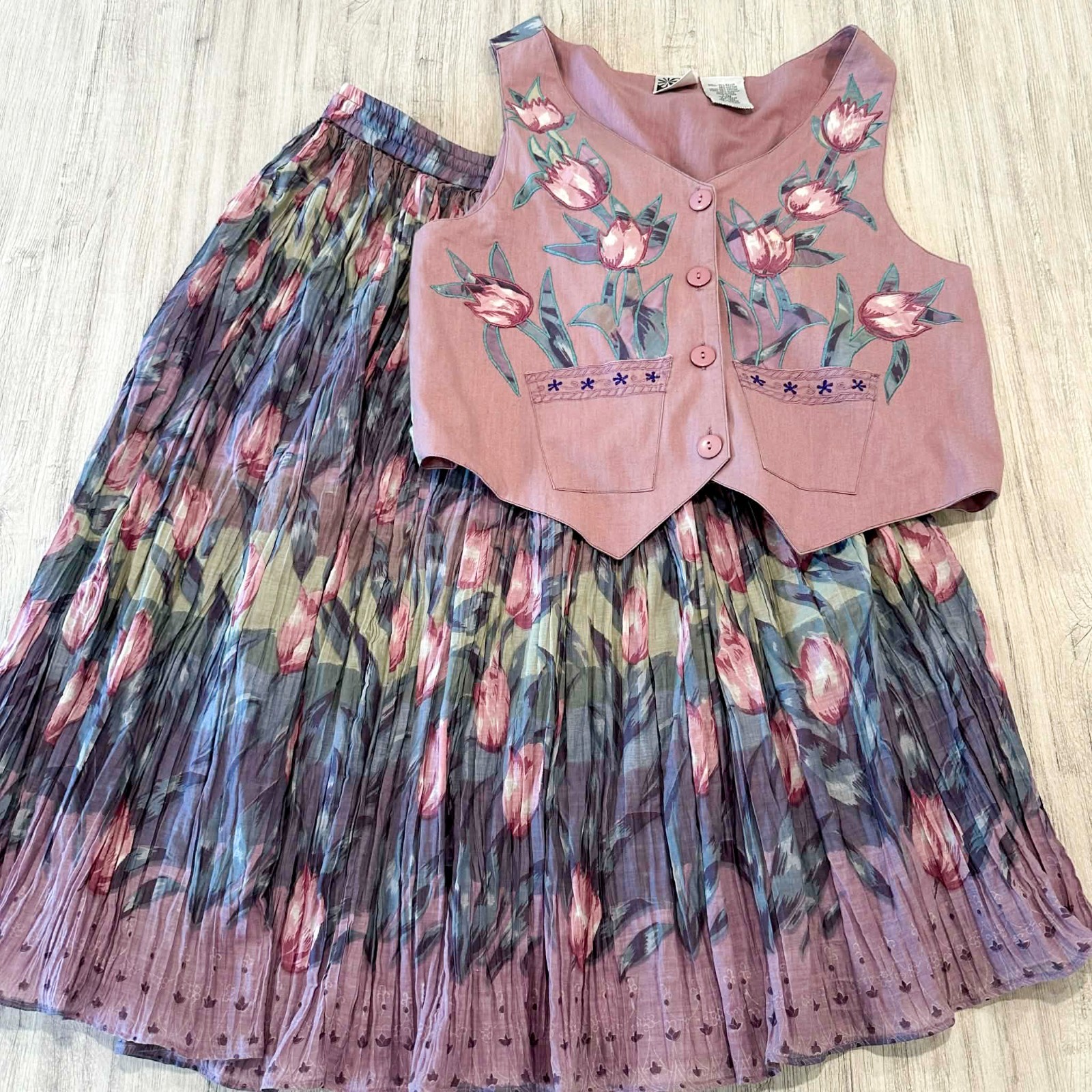 Vintage Phool 2 Piece Set Women’s L Floral Tulip Vest Skirt Boho Hippie Y2K Sz L