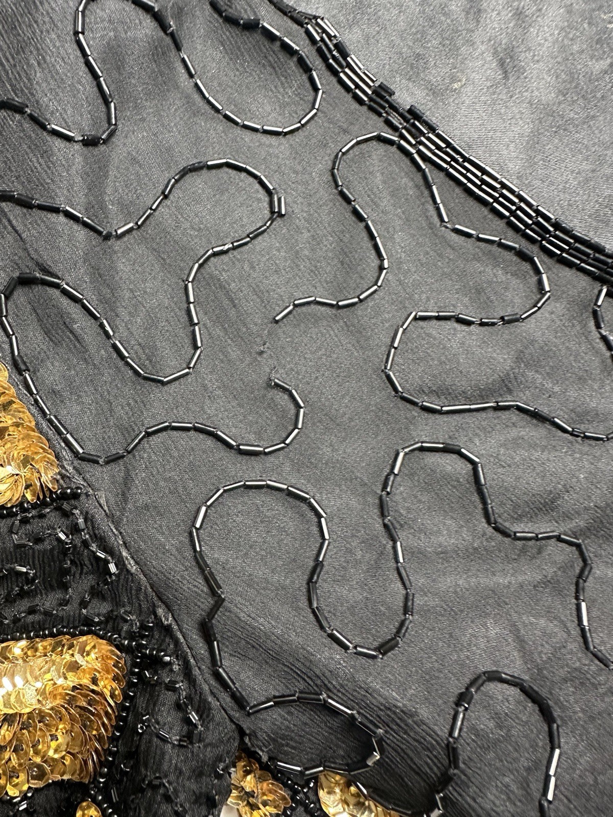 SWEELO Vintage Silk Beaded Black Gold Dress India Art Deco Sequin S 6-8