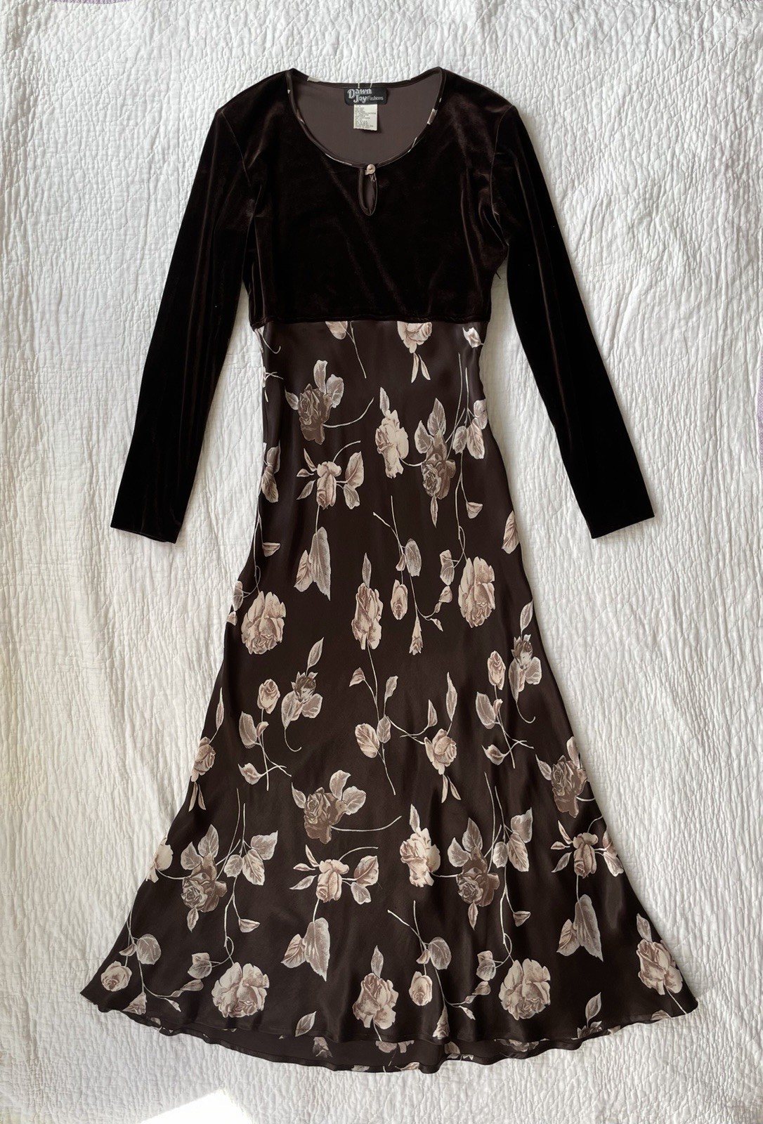 Vintage S M Dress Maxi Velour Satin Rose Floral print 90s Brown VGUC