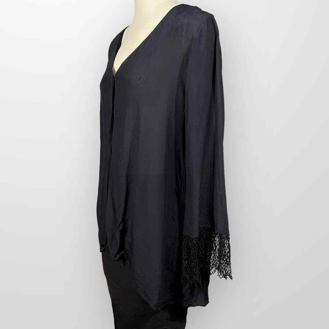 Vintage Celia Tejada Blouse (L) Bell Sleeves Crochet Lace Cuffs USA Rayon Black