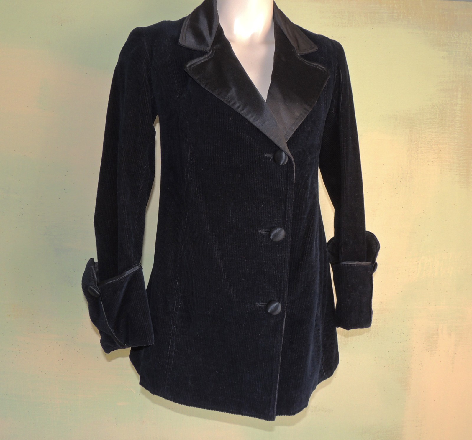 S Vintage 1910s Edwardian Walking Jacket Black Corduroy Silk Steampunk Rockstar