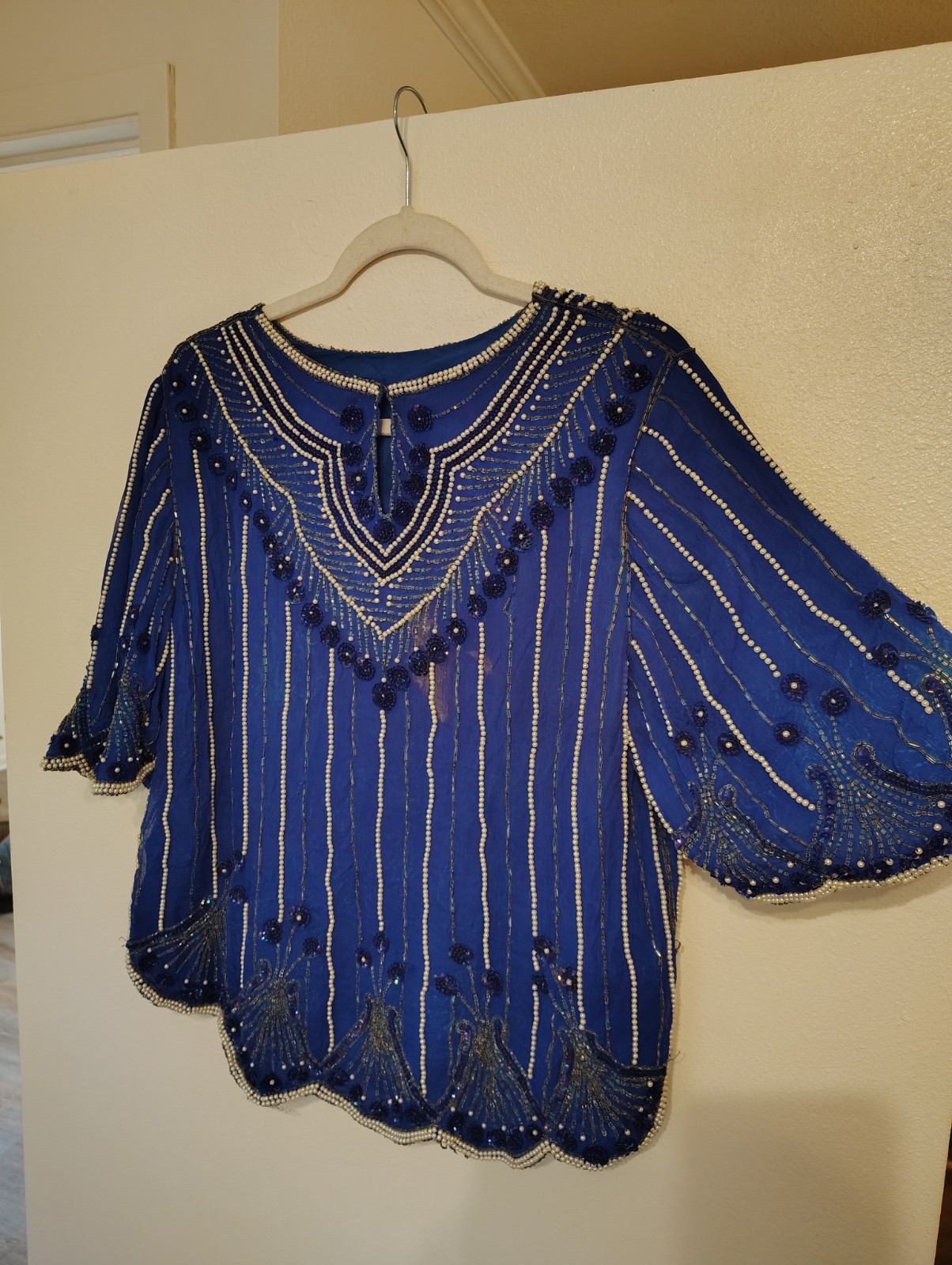 Vintage In Fashions 100% Silk Beaded Sequin Blouse – Royal Blue – Size M