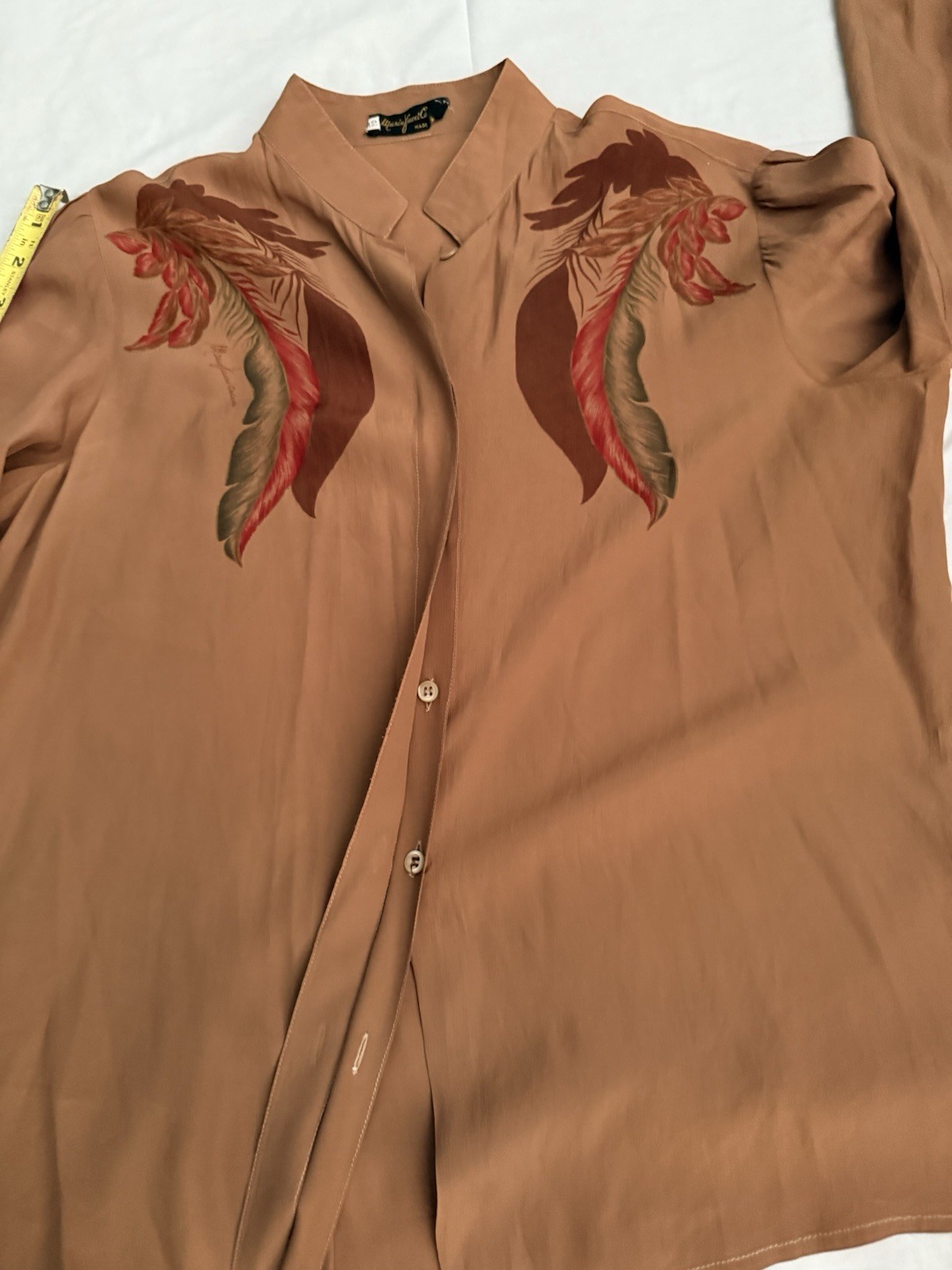 Vtg Mario Pucci Cecconi Italy Blouse Feathers Long Sleeve Brown Button Top Shirt