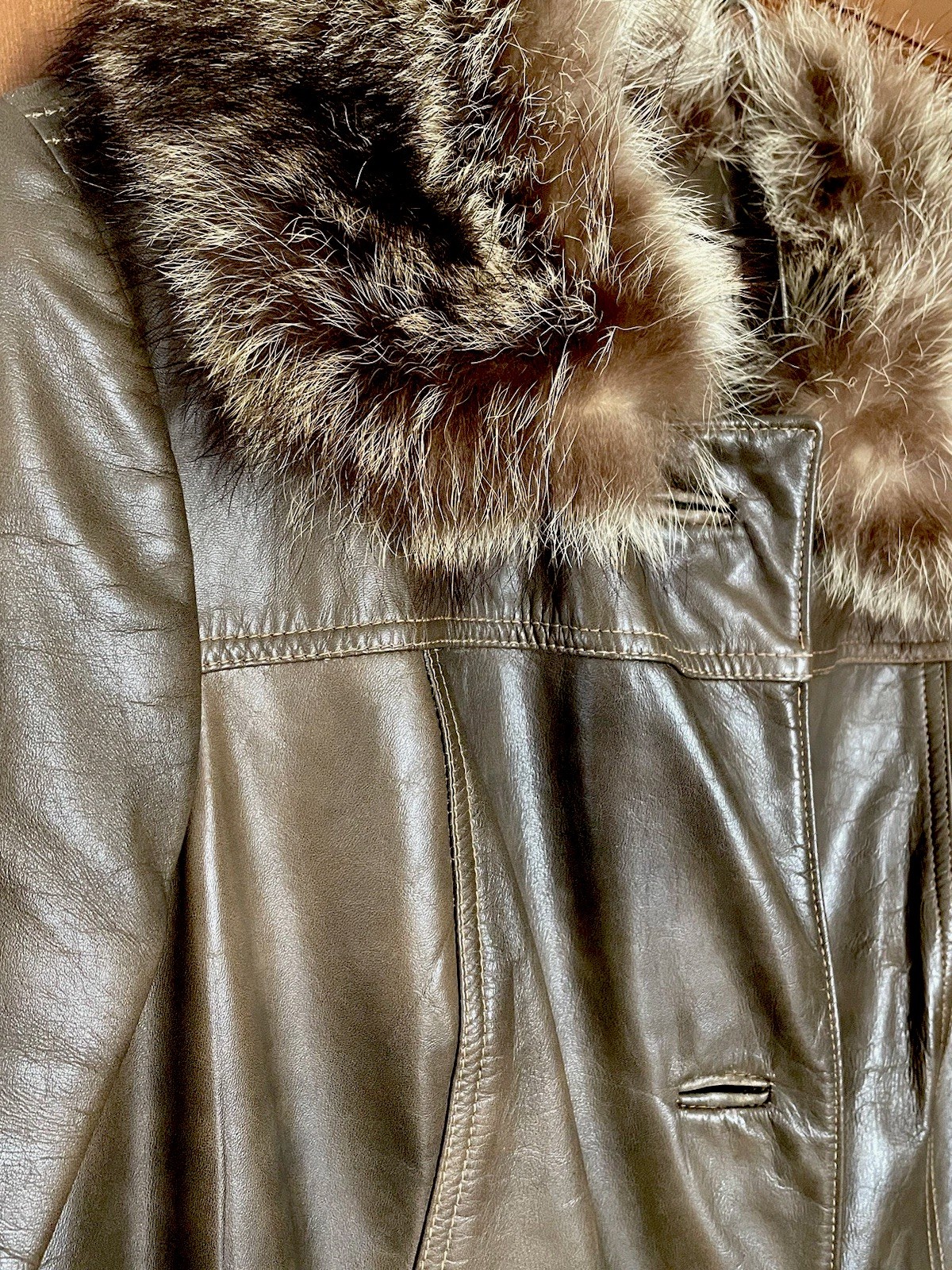 Vintage Brown Leather & Genuine Fur Swing Trench Coat Boho Bonnie Cashin Style