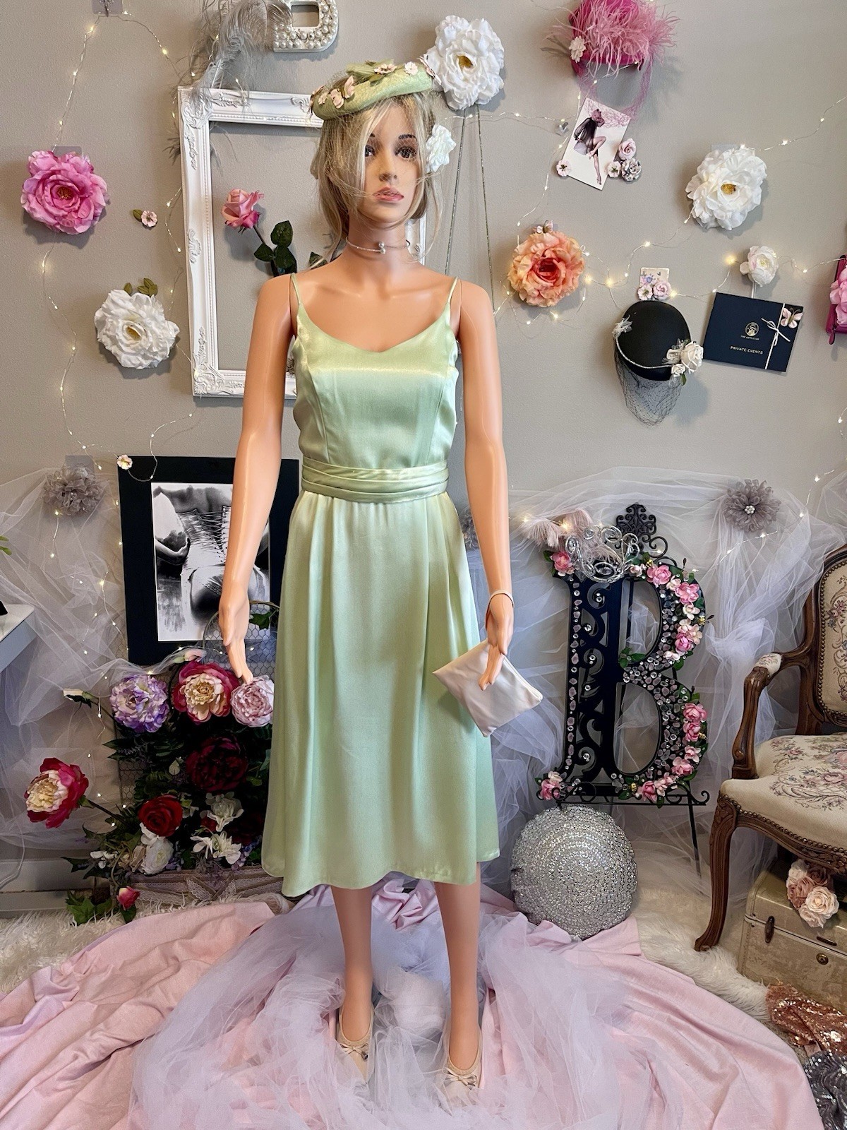 Vintage Satin Light Green Tea-Length Dress | Handmade | Removable Belt