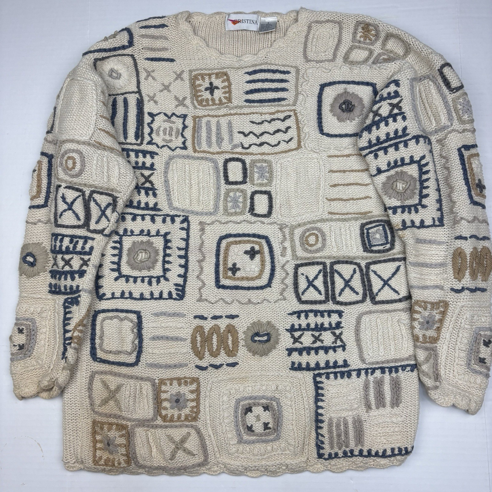 Vintage Cristina Women Small Sweater Flaws Cream Blue Tan Geometric Hippie Boho