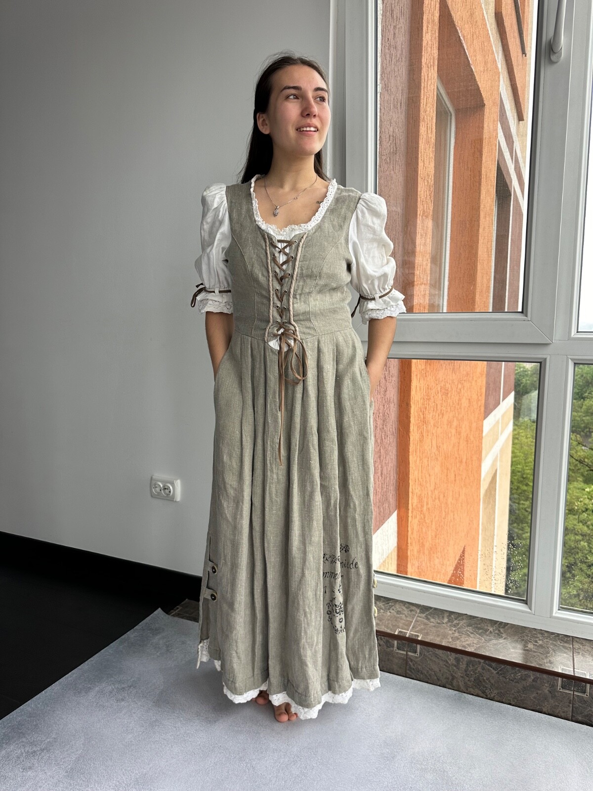 Vintage Hammerschmid Bavarian Austria Style Linen Woman Folk Long Dress Sz M