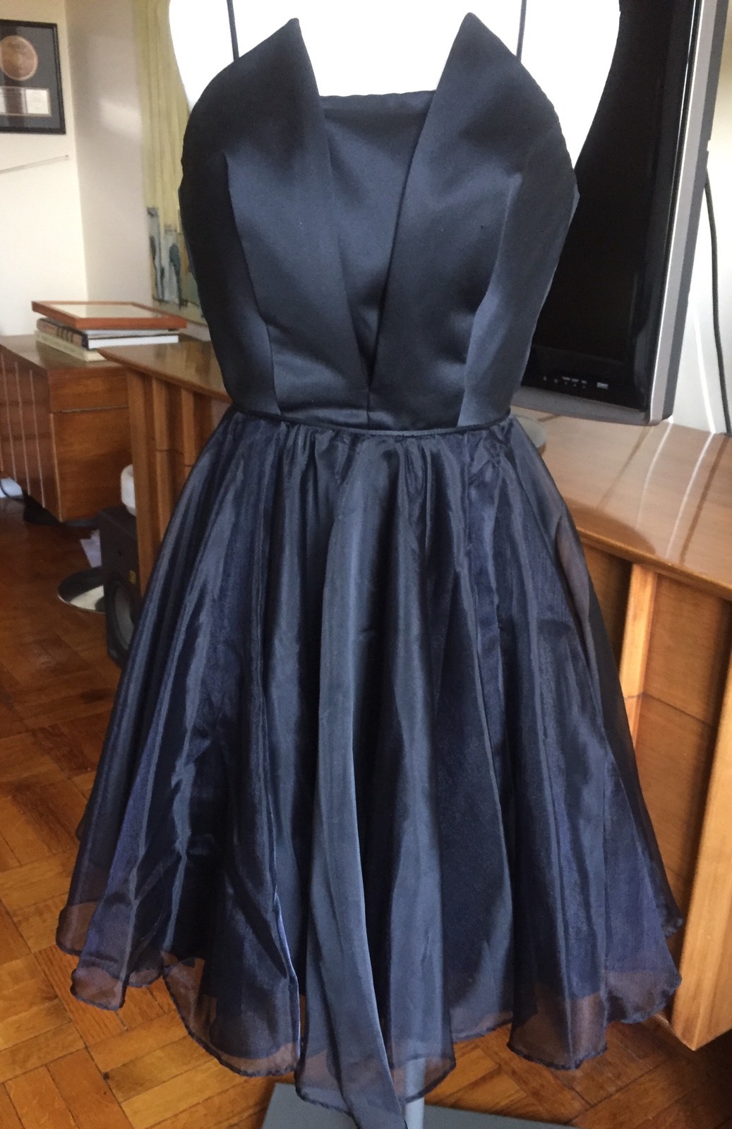 Spectacular Vintage Black Satin and Organza Short Cocktail Party Dress XS