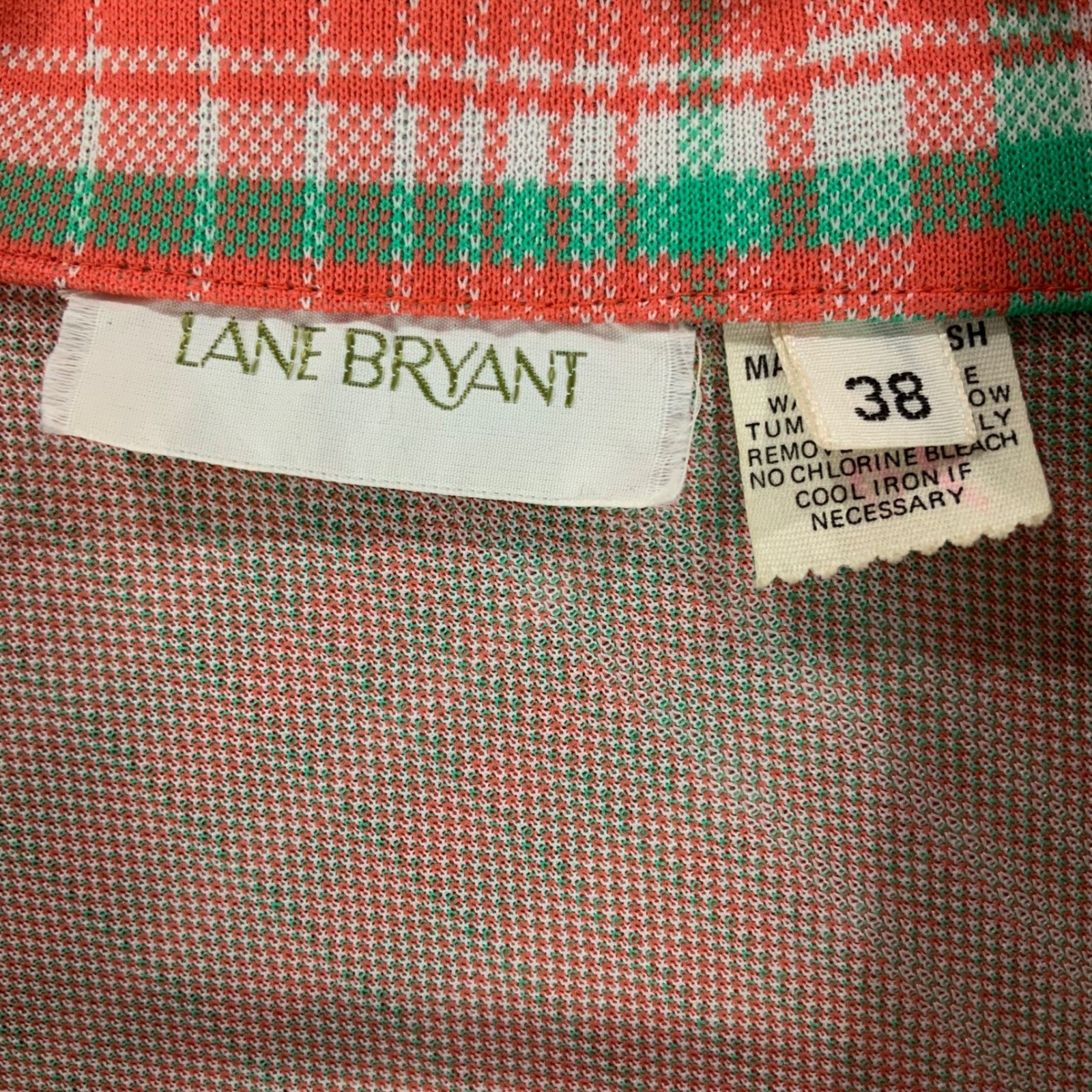 Lane Bryant Orange Green Plaid Button Down 38 Pointed Collar Long Sleeve 70s Top