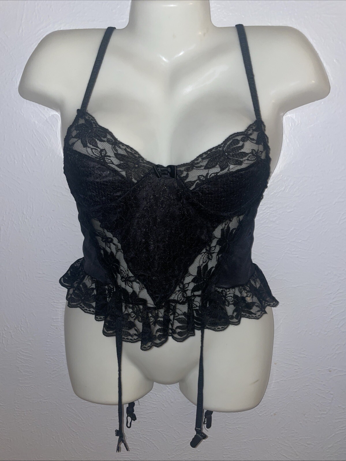 VTG Garter BODYSUIT Teddy ROMPER WOMANS Black Stretch Lace UW BRA