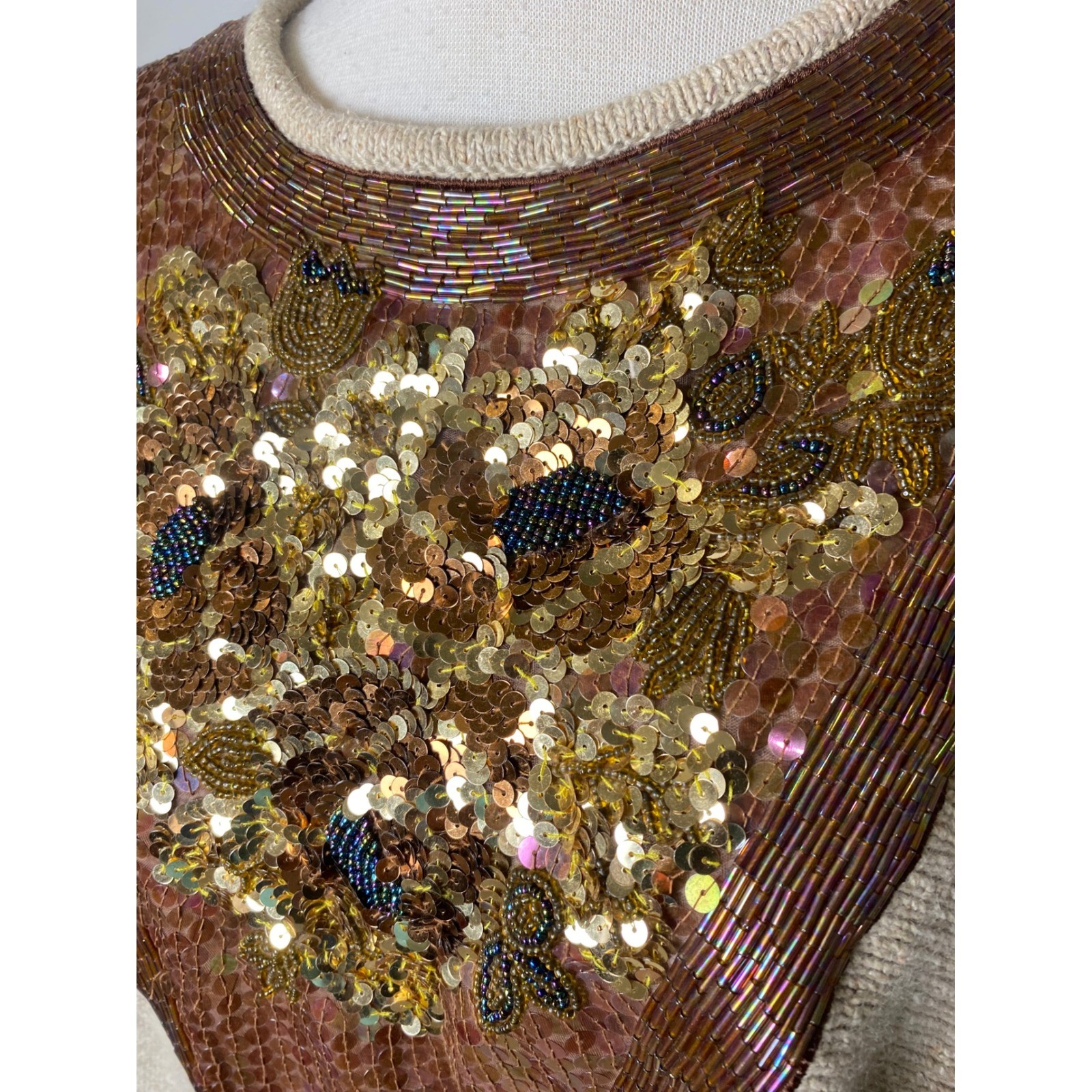 Cedars Vintage Silk Blend Beaded Sequin Sweater Tan Gold Embellished Womens L
