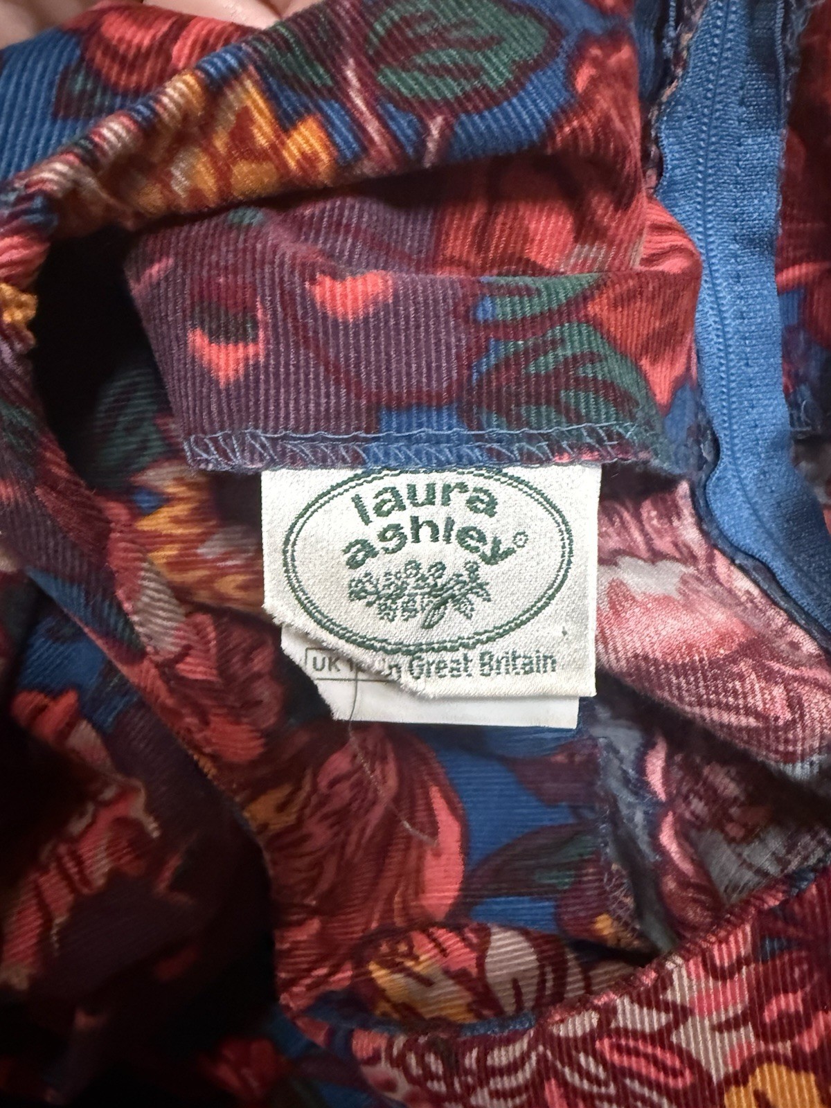 VTG 90s Laura Ashley Blue Red Purple Floral Puff Sleeve Corduroy Dress 10