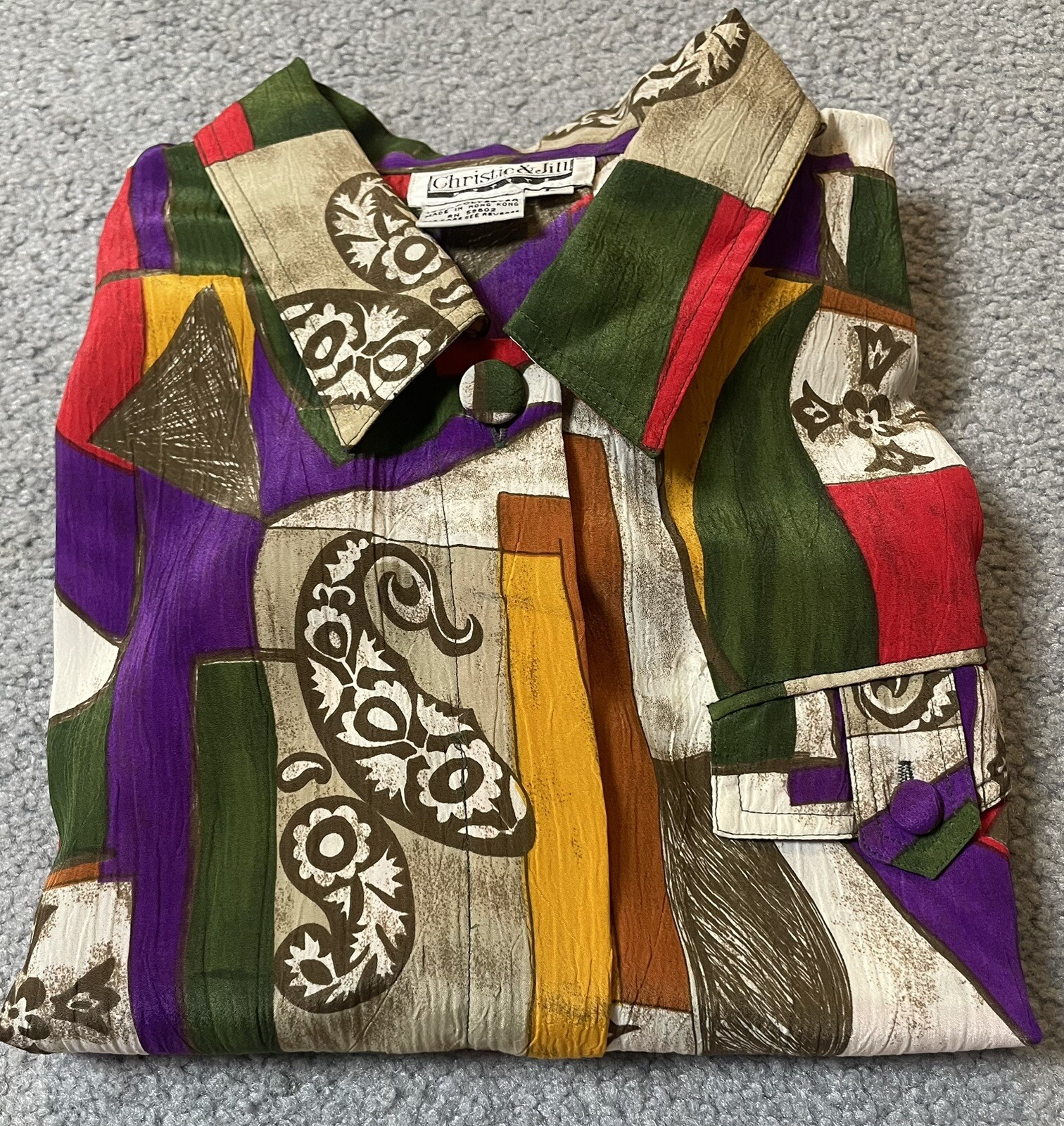 80s Christie & Jill Button Up Blouse L Red Purple Abstract Paisley City Festive