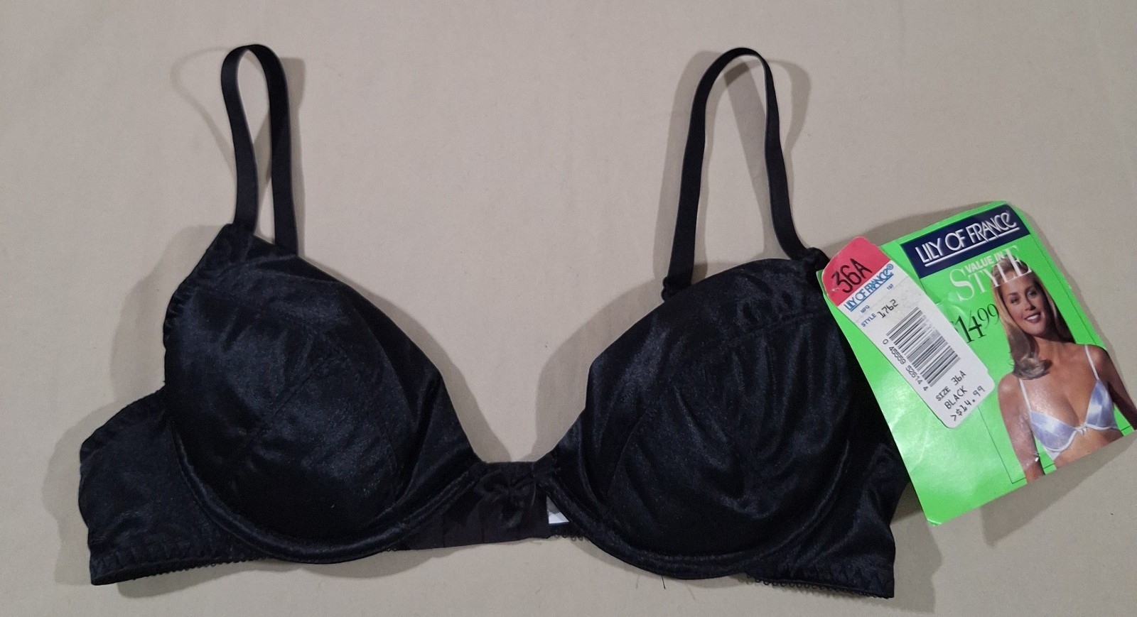 NWT VTG Lily of France Women 36A Black Satin Finish Padded Underwire Bra Elegant
