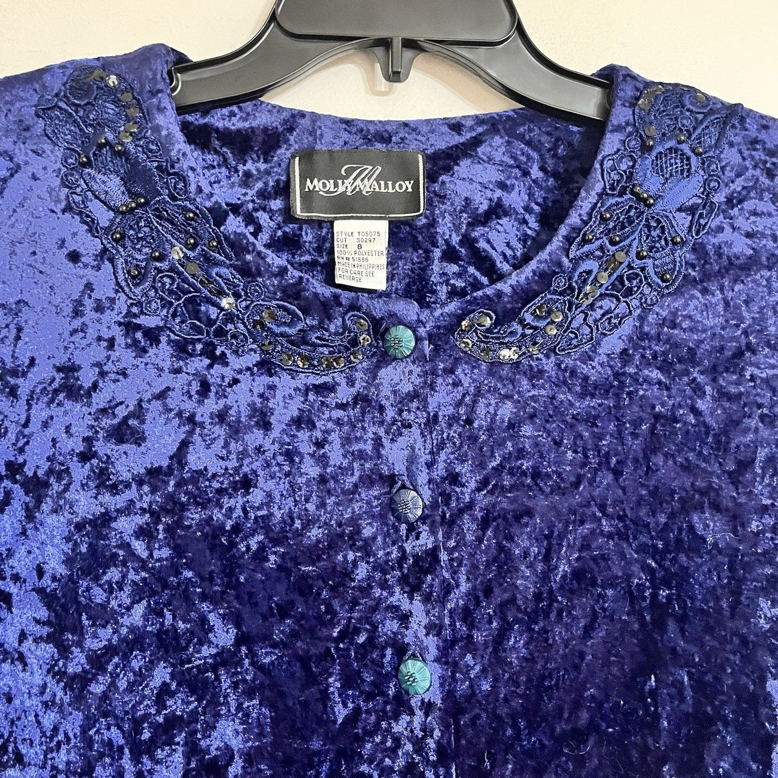 90s Vintage Molly Malloy Dress Women’s Size 8 Midi Length Blue Crushed Velvet