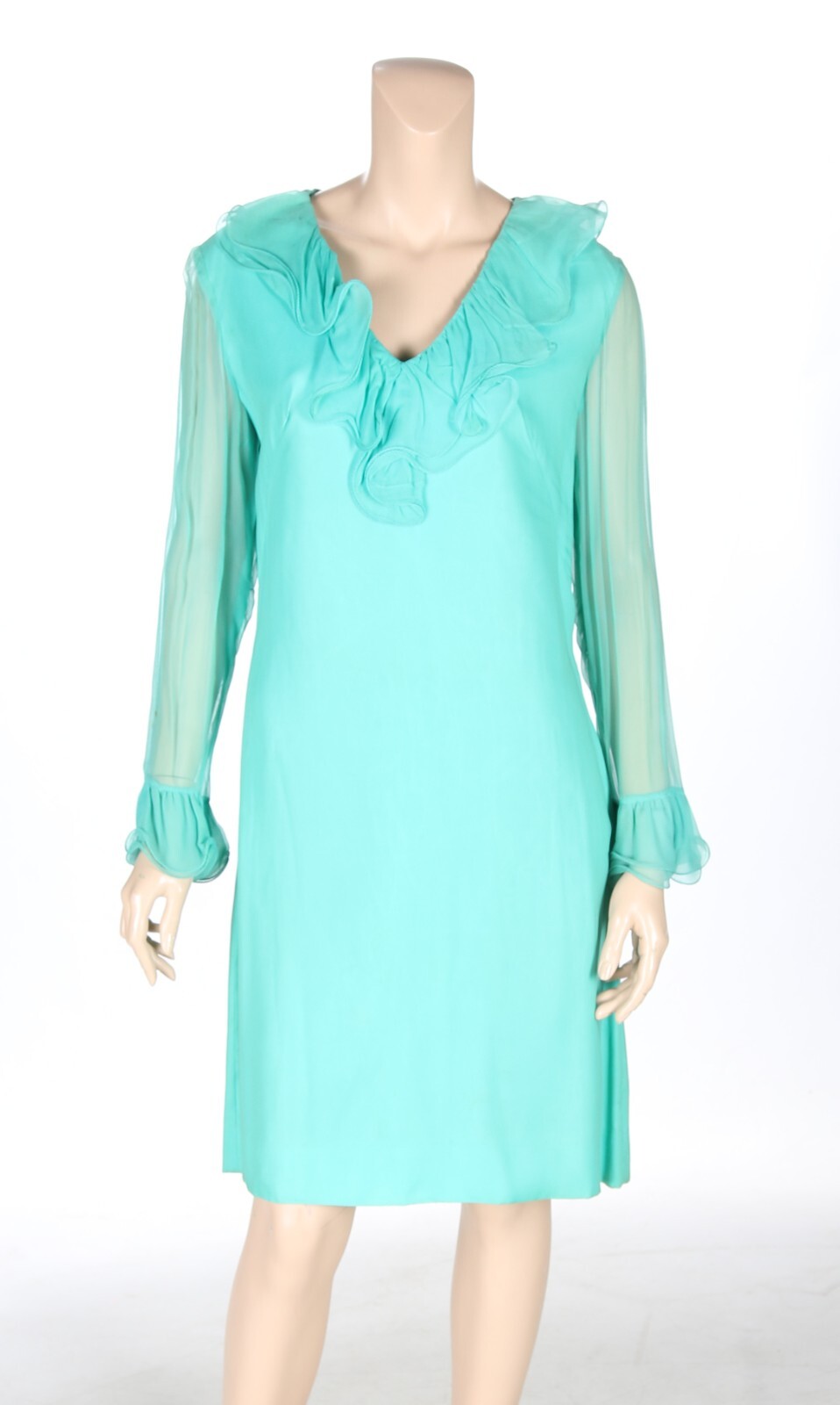 Carol Craig Vintage 50s 60s Turquoise Silk Ruffle Sheath Party Dress sz 7/8