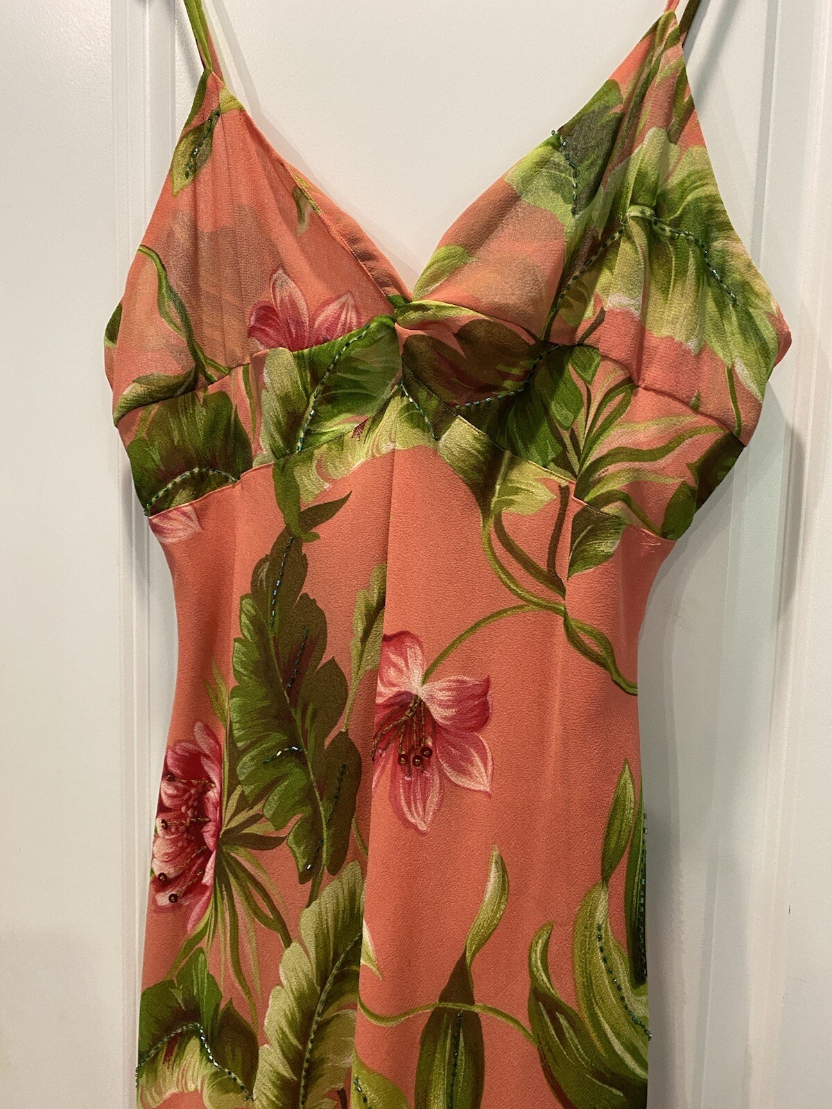 80s Vintage Pink Floral Rag Beaded Sleeveless Dress XL