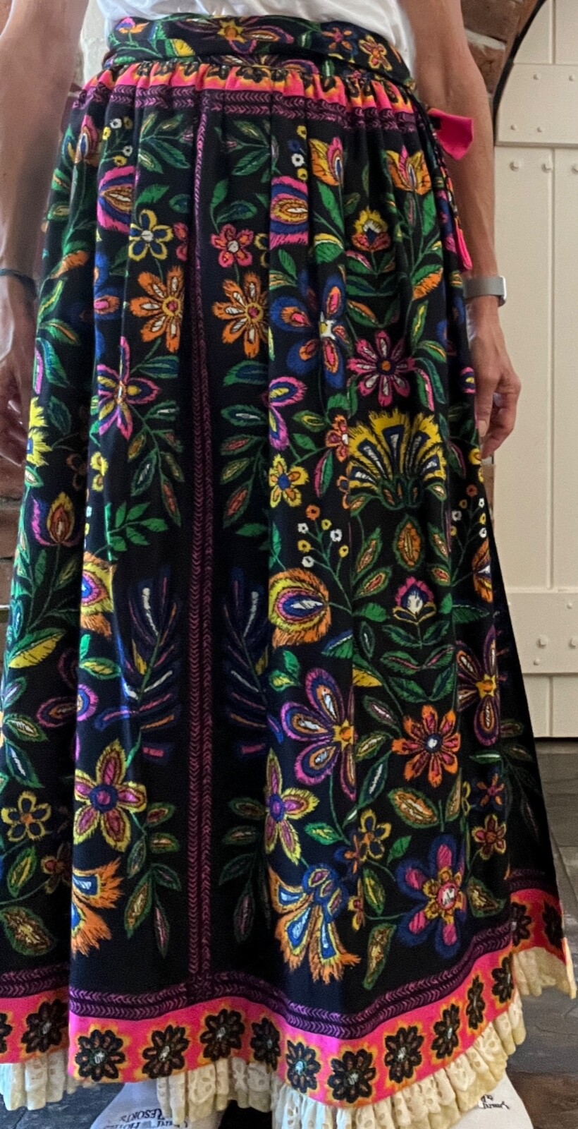 Vintage c. 1970 I. Magnin Floral Ethnic Neon Colors on Black Long Wrap Skirt