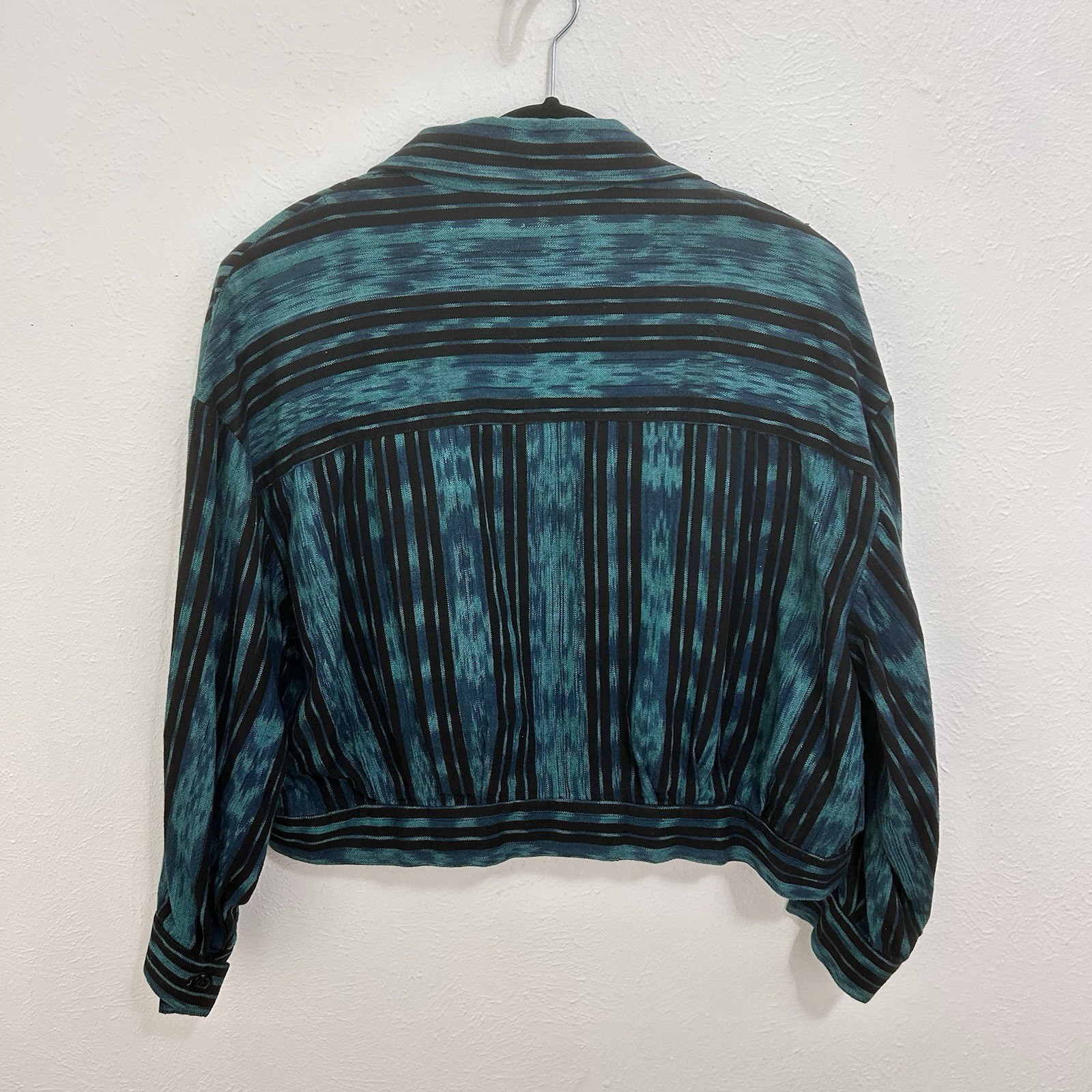 Vintage 80s Teal Blue Striped Cropped Jacket Size XL Colorful Western Southwest