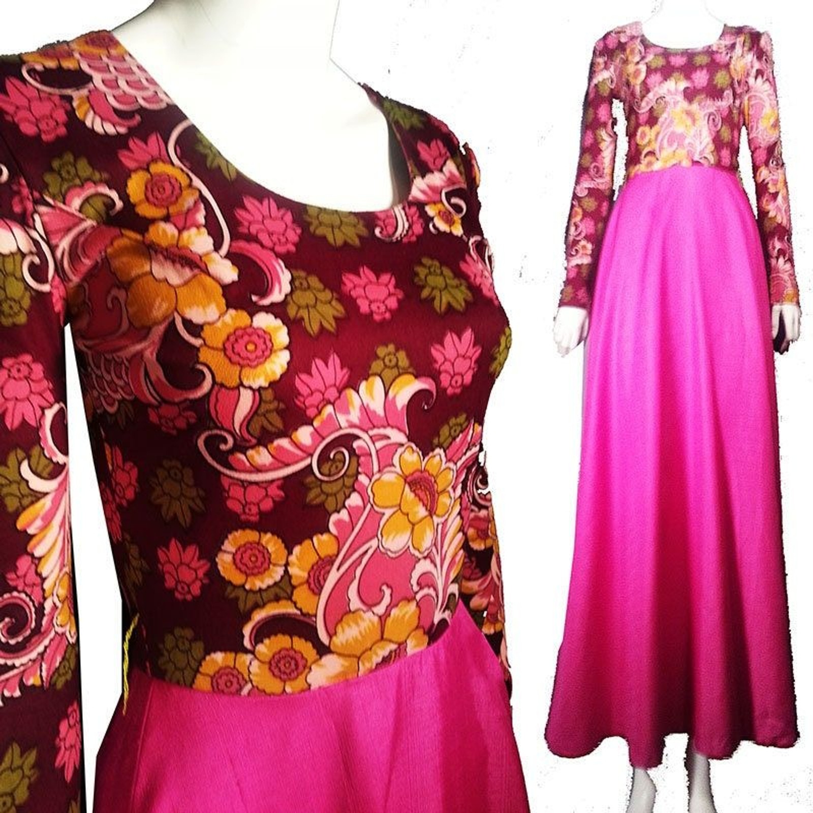 Vintage 70s boho mod floral maxi hot pink skirt boho gown party hostess dress xs
