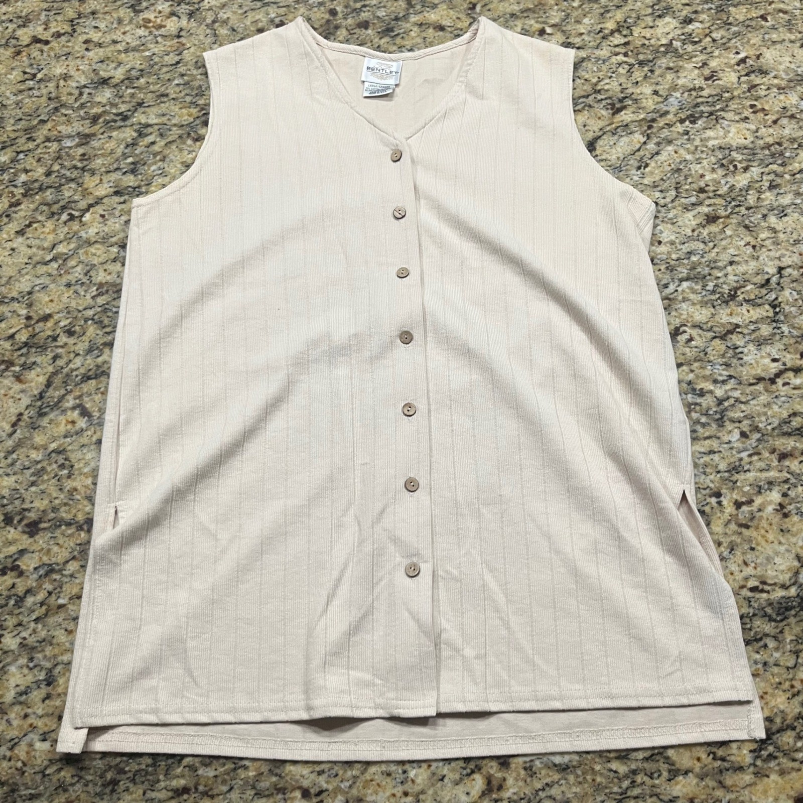 TR Bentley Vintage Beige Ribbed Button Front Sleeveless Top Vest Made in USA L