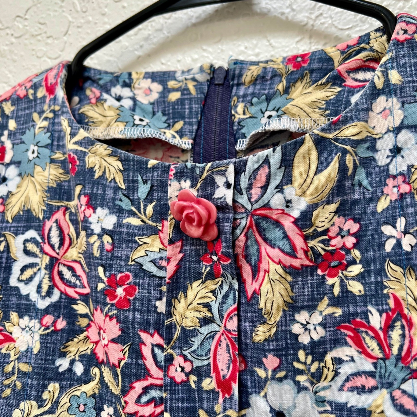Vintage Style Floral Midi Dress Blue Pink Rosebud Button Cottagecore Prairie