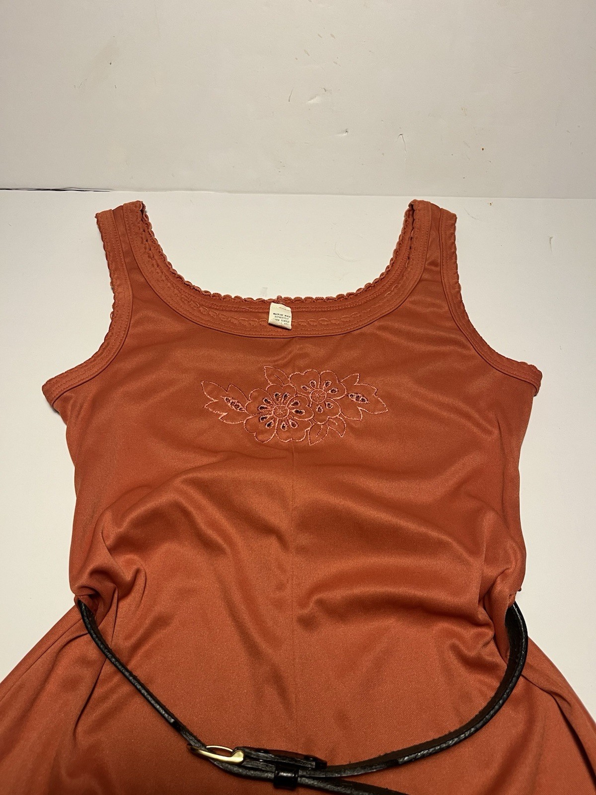 Vintage 60s 70s Size S/M Polyester Orange Dress Leather Belt