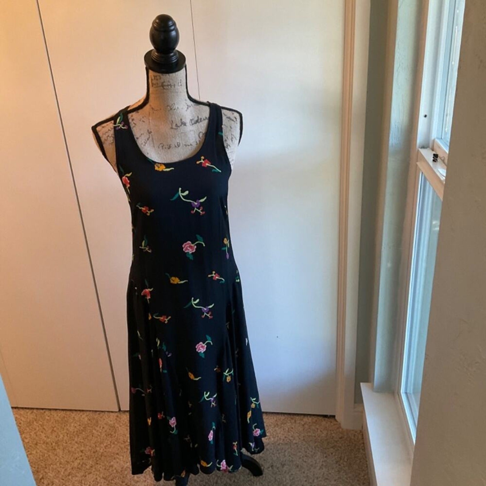 Vintage 80’s Norma Kamali Designer black floral racer back tank maxi midi dress