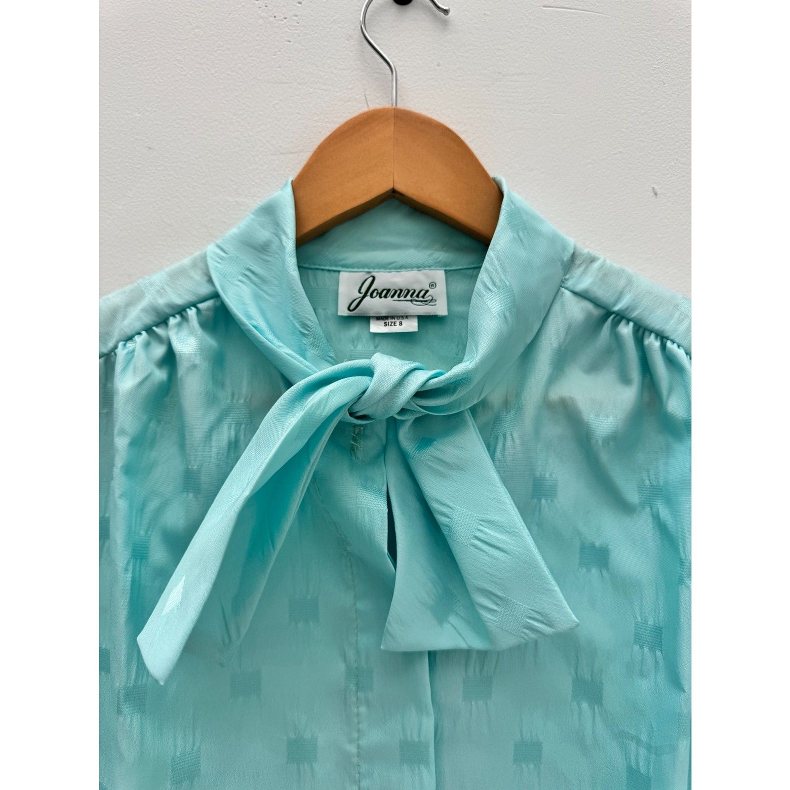 Vintage Joanna Seafoam Blue Bow Tie Secretary Blouse Short Sleeve Size M NWT
