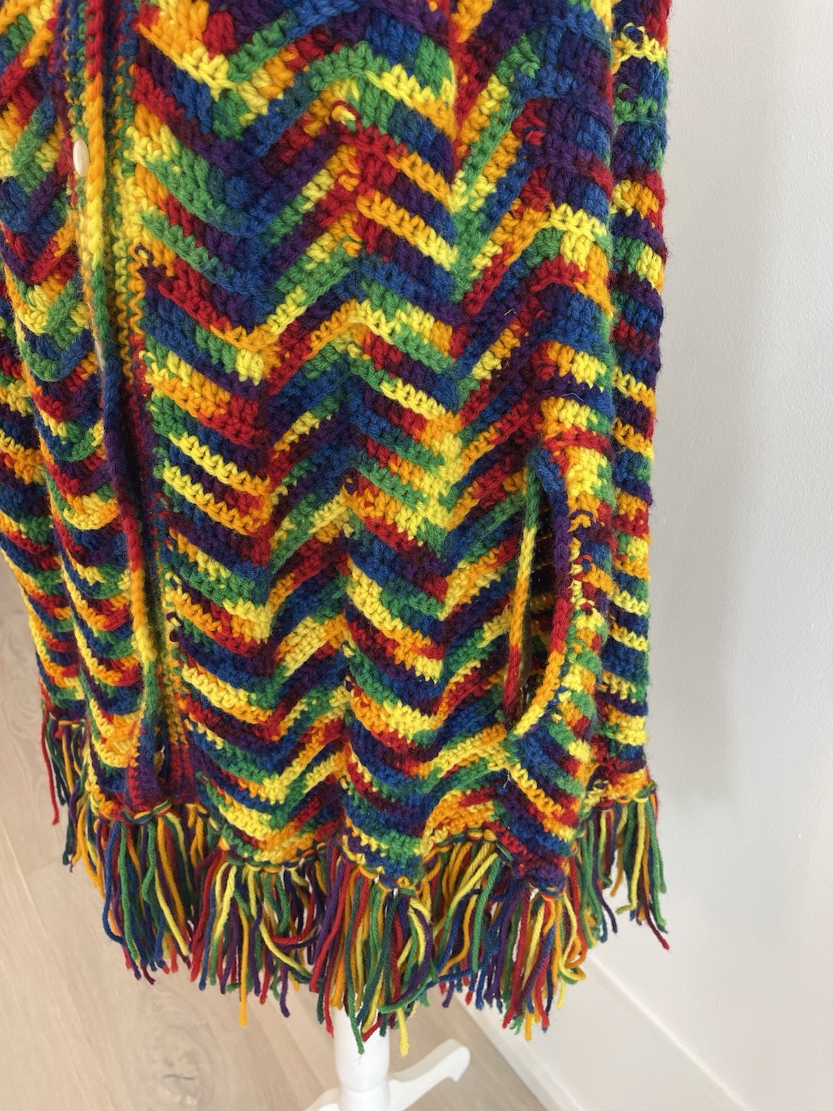 Vintage Handmade Crochet Poncho BOHO Fringe Button Up Festival Hippie OS Color