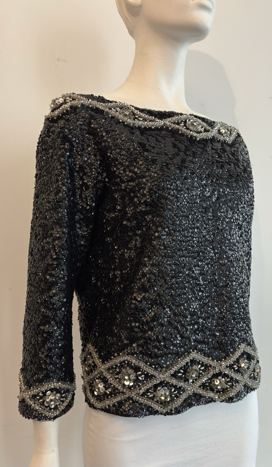 Vintage 60s Black Sequin Sweater -Rare Find Size Medium Made In Hong